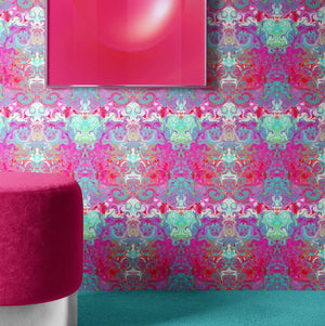 Psychedelic Pop Wallpaper wallpaper by Liberty James Studio in pink, a psychedelic mirrored design in a styled room setting
