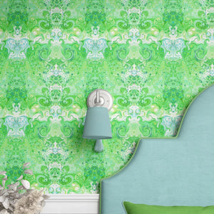 Psychedelic Pop Wallpaper wallpaper by Liberty James Studio in green, partly unrolled roll showing