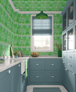 Psychedelic Pop Wallpaper wallpaper by Liberty James Studio in green, a psychedelic mirrored design on a bathroom wall