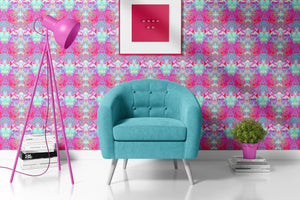 Psychedelic Pop Wallpaper wallpaper by Liberty James Studio in pink, a psychedelic mirrored design in a living room