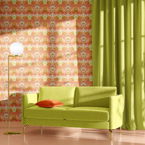 Psychedelic Pop Wallpaper wallpaper by Liberty James Studio in orange, a psychedelic mirrored design on a living room wall