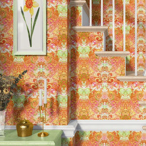 Psychedelic Pop Wallpaper wallpaper by Liberty James Studio in orange, a psychedelic mirrored design on a feature wall