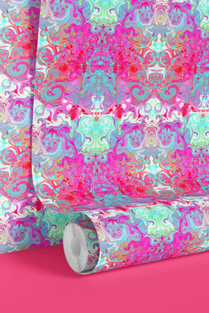 Psychedelic Pop Wallpaper wallpaper by Liberty James Studio in pink, roll showing a psychedelic mirrored design