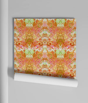 Psychedelic Pop Wallpaper wallpaper by Liberty James Studio in orange, partly unrolled roll showing