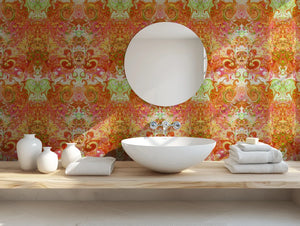Psychedelic Pop Wallpaper wallpaper by Liberty James Studio in orange, a psychedelic mirrored design in a bathroom setting