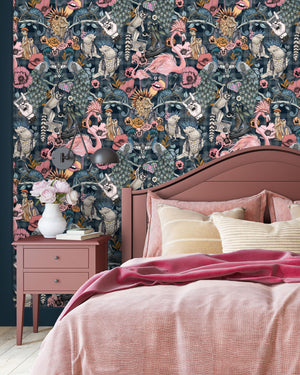 Punk Rocks wallpaper by Brand McKenzie in pink, punk animals among roses behind a bed