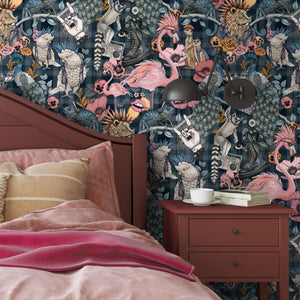 Punk Rocks wallpaper by Brand McKenzie in blue, punk animals among roses in a bedroom