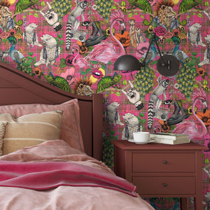 Punk Rocks wallpaper by Brand McKenzie in pink, punk animals among roses on a bedroom wall