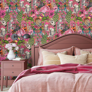 Punk Rocks wallpaper by Brand McKenzie in pink, punk animals among roses in a bedroom
