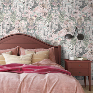 Punk Rocks wallpaper by Brand McKenzie in pastel, punk animals among roses behind a bed