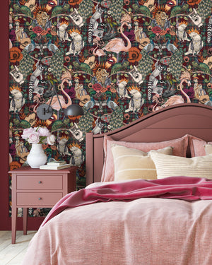 Punk Rocks wallpaper by Brand McKenzie in burgundy, punk animals among roses on a bedroom wall