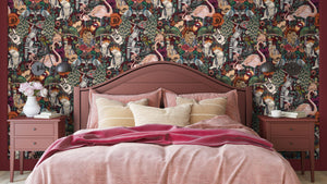Punk Rocks wallpaper by Brand McKenzie in pink, punk animals among roses in a bedroom (alternate view)