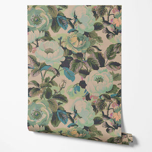 Rococo Roses wallpaper by Tatie Lou in sage green, roll showing painterly roses