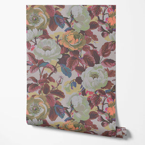 Rococo Roses wallpaper by Tatie Lou in burgundy, partly unrolled roll showing painterly roses