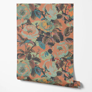 Rococo Roses wallpaper by Tatie Lou in coral, roll showing painterly roses