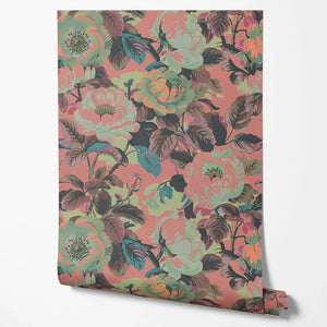 Rococo Roses wallpaper by Tatie Lou in pink, partly unrolled roll showing painterly roses