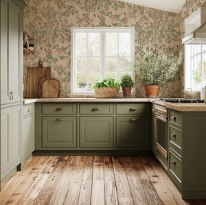 Tudor Blooms wallpaper by Studio Le Cocq in pink, Tudor-style flower urns in a kitchen