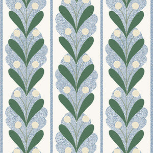 Raoul linen by Claire de Quénetain in blue, flat sample of leaf-motif stripes