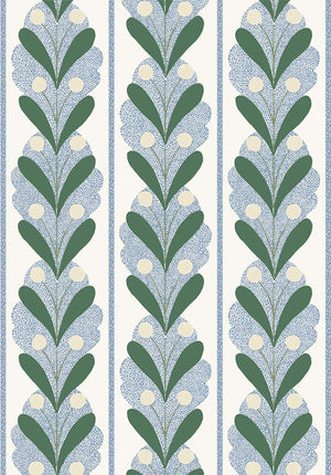 Raoul wallpaper by Claire de Quénetain in blue, pattern sample of leaf-motif stripes