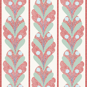 Raoul wallpaper by Claire de Quénetain in red, full repeat of leaf-motif stripes