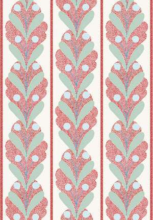 Raoul wallpaper by Claire de Quénetain in red, full repeat of leaf-motif stripes