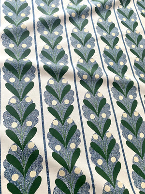 Raoul linen by Claire de Quénetain in blue, full repeat of leaf-motif stripes