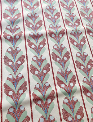 Raoul linen by Claire de Quénetain in red, pattern sample of leaf-motif stripes