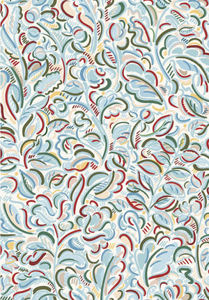 Raphaelle wallpaper by Claire de Quénetain in blue, flat sample of a hand-painted floral design