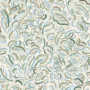Raphaelle wallpaper by Claire de Quénetain in green, full repeat of a hand-painted floral design