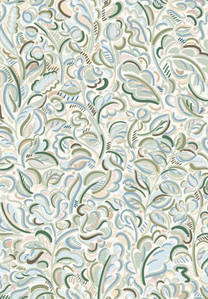 Raphaelle wallpaper by Claire de Quénetain in green, full repeat of a hand-painted floral design