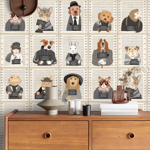 Resisting Arrest wallpaper by Brand McKenzie in white and charcoal, animal mugshot portraits above a cabinet