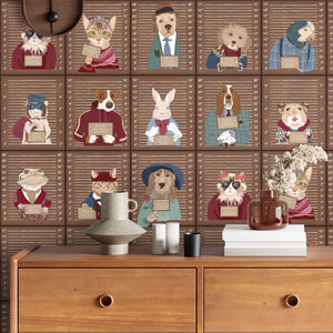 Resisting Arrest wallpaper by Brand McKenzie in brown, animal mugshot portraits behind a console table