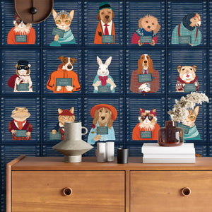 Resisting Arrest wallpaper by Brand McKenzie in navy, pattern detail of animal mugshot portraits