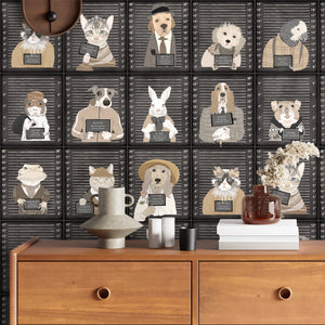 Resisting Arrest wallpaper by Brand McKenzie in navy, animal mugshot portraits above a sideboard