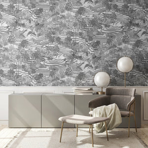 Rice Terrace Max wallpaper by Brand McKenzie in black and white, large-scale rice terraces in a living room