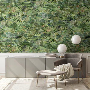 Rice Terrace Max wallpaper by Brand McKenzie in green, large-scale rice terraces behind a sofa in a living room