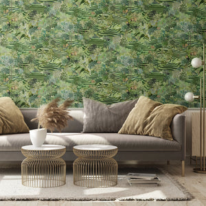 Rice Terrace Standard wallpaper by Brand McKenzie in green, rice terraces behind a sofa in a living room