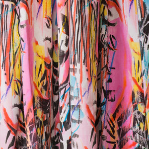 Rita Does Jazz velvet by The Monkey Puzzle Tree in pink and blue, an energetic painted design as lined curtains