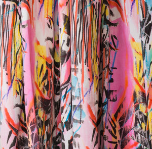 Rita Does Jazz velvet by The Monkey Puzzle Tree in pink and blue, an energetic painted design as lined curtains