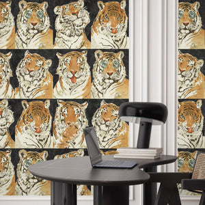 Roar Emotions wallpaper by Brand McKenzie in charcoal, pop-art tiger faces in a dining area
