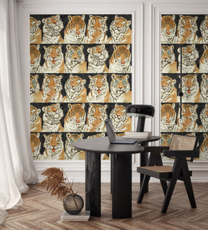 Roar Emotions wallpaper by Brand McKenzie in orange and cream, pop-art tiger faces behind a dining table