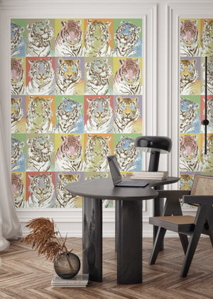 Roar Emotions wallpaper by Brand McKenzie in multicolour, pop-art tiger faces in a dining room
