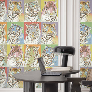 Roar Emotions wallpaper by Brand McKenzie in pink and blue, pop-art tiger faces in a dining area