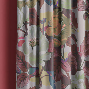 Rococo Roses recycled velvet by Tatie Lou in burgundy, painterly roses hung as curtains