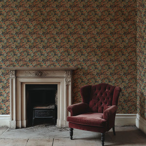 Rococo Roses wallpaper by Tatie Lou in coral, painterly roses above a white mantelpiece