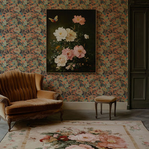 Rococo Roses wallpaper by Tatie Lou in coral, painterly roses above a sideboard