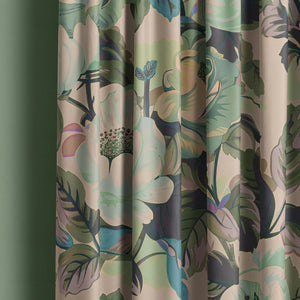 Rococo Roses recycled velvet by Tatie Lou in sage green, painterly roses as lined curtains