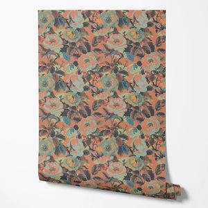 Rococo Roses wallpaper by Tatie Lou in coral, sample roll showing painterly roses