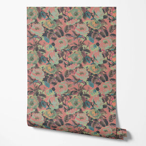 Rococo Roses wallpaper by Tatie Lou in pink, roll showing painterly roses