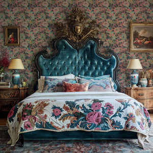 Rococo Roses wallpaper by Tatie Lou in pink, painterly roses in a bedroom